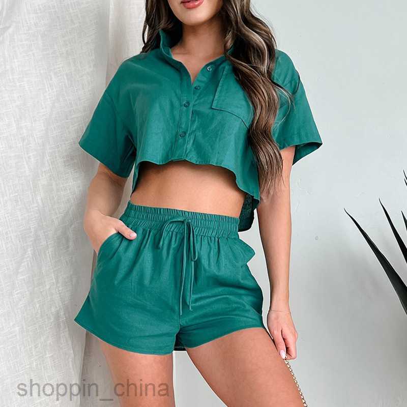 Women's Tracksuits New Ultra Short Button Shirt Top Drawstring 3/4 Pants Women's Two Piece Set Sets
