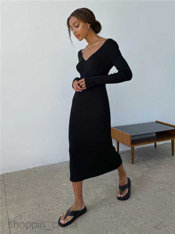 Basic Casual Women Dresses Women's clothing autumn new sexy long sleeve long slit strap open back sweater dress