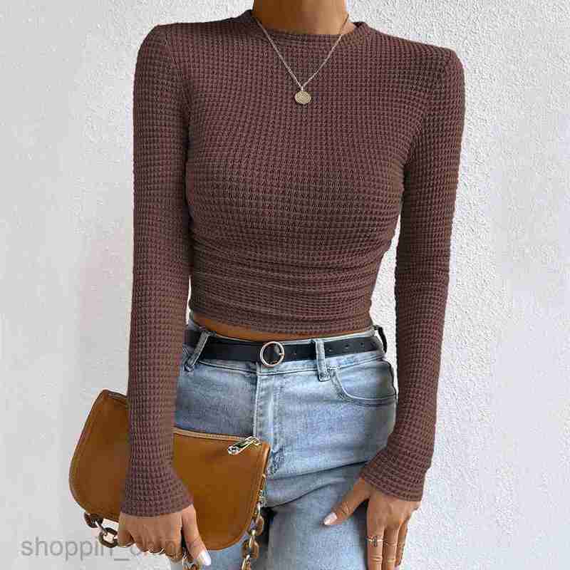 Women's T Shirt Women's New Solid Color Casual Knitted Pleated Round Neck T-shirt PG2340 tees