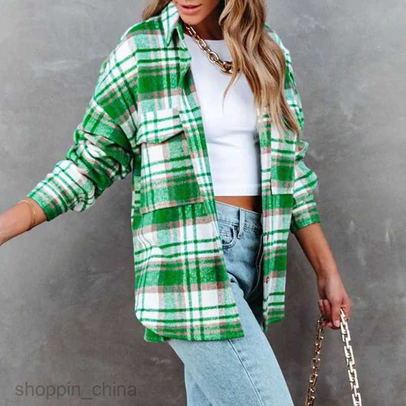 Women Jackets Coats New Checkered Casual Loose Pocket Long sleeved Coat PG2718