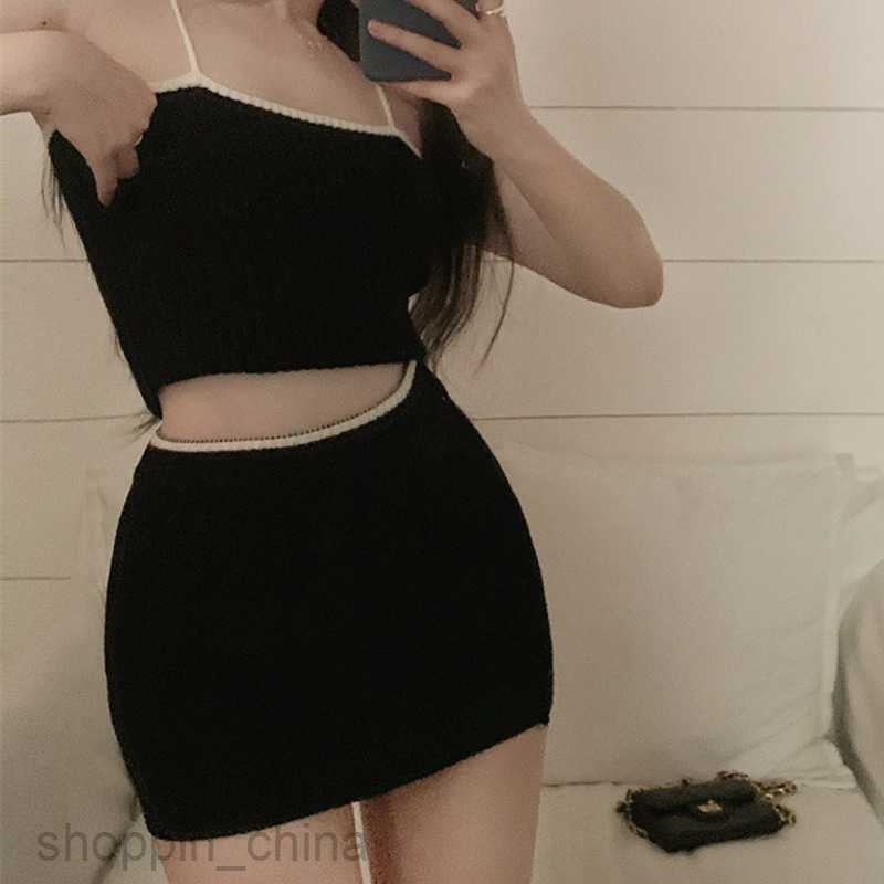 Two Piece Dress Sets New Sexy Solid Color Hanging Strap Small Tank Top Wrap Hip Skirt Two Piece Set PG3100