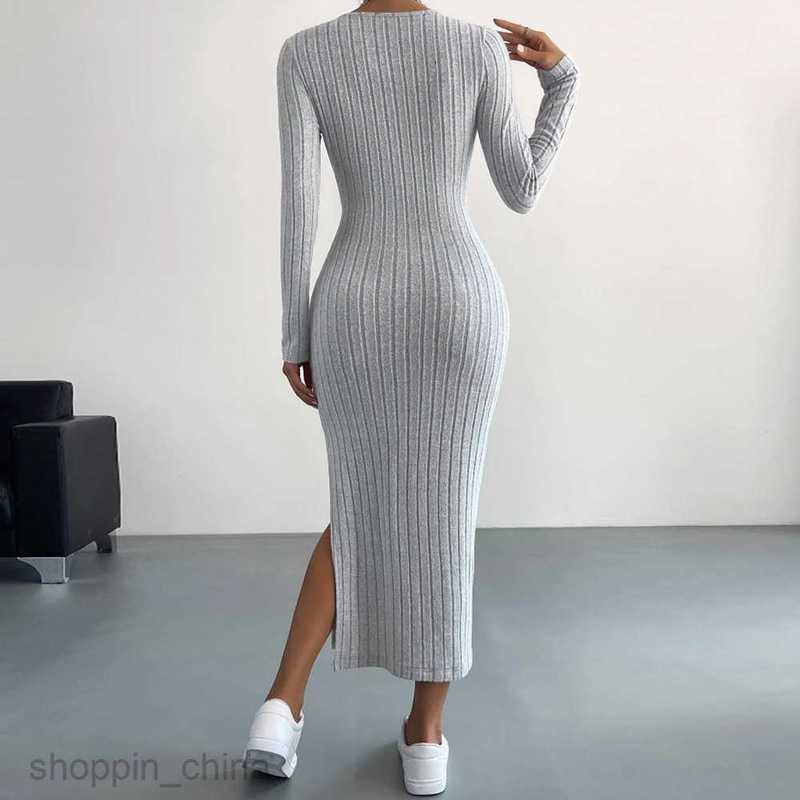 Basic Casual Women Dresses New Long sleeved Round Neck Split Knitted Long Dress PG2469