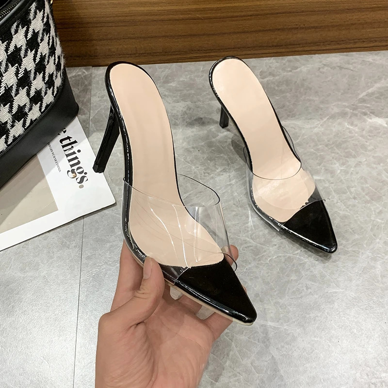 Trendy Sexy Heeled Ladies Pointed Open Toe Slip on Party Stiletto High Heel Clear Mule Slides Woman Nude Transparent Shoes 240615