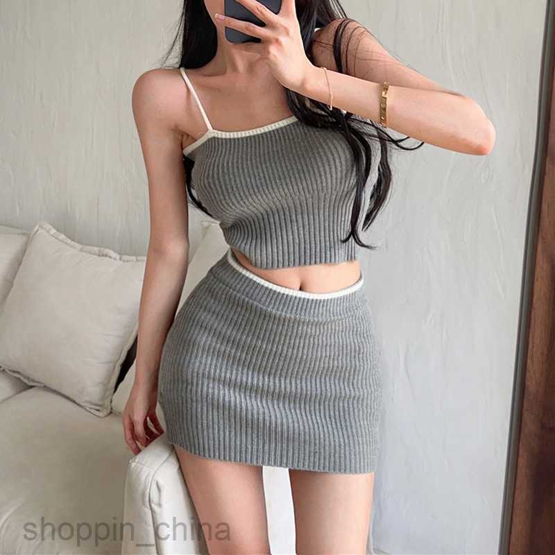 Two Piece Dress Sets New Sexy Solid Color Hanging Strap Small Tank Top Wrap Hip Skirt Two Piece Set PG3100