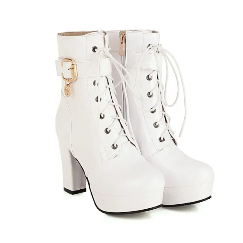 Lace Womens Ankle Boots 2024 Autumn/Winter Platform Fashion Short Boots UK Belt Buckle Thick Boots Womens Boots Size 33-48 240614