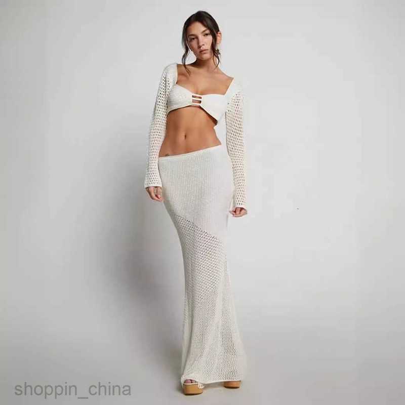 Two Piece Dress Sets Summer Women's New Lace Up Long Sleeve Wrap Hip Casual Knitted Long Skirt Set