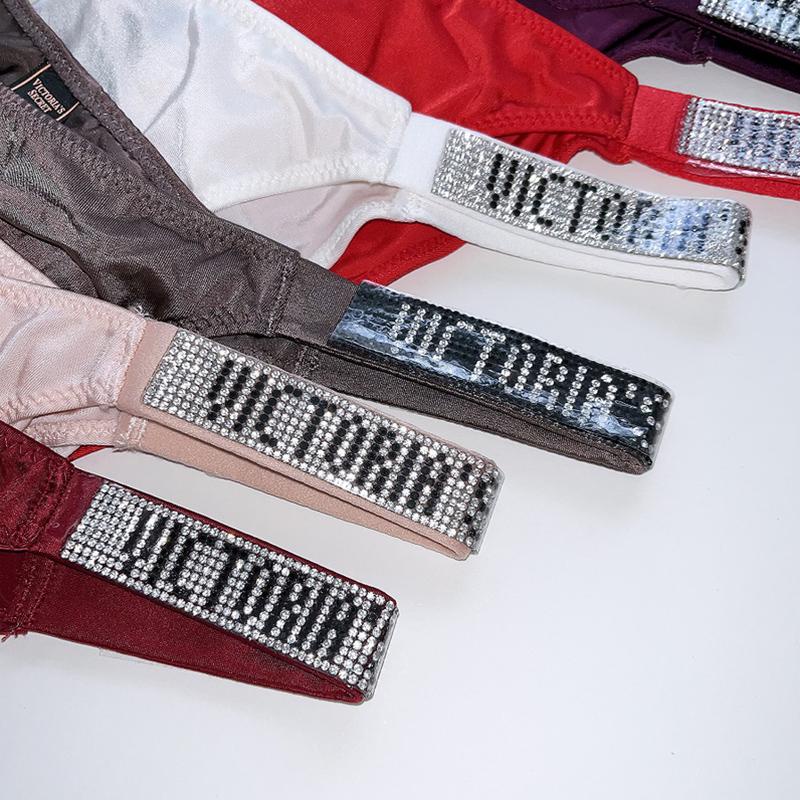 VS Fashion Women Plus Size Panties Letter Rhinestone Lingerie Briefs T Back Thongs Set Colorflu Sexy G String Set