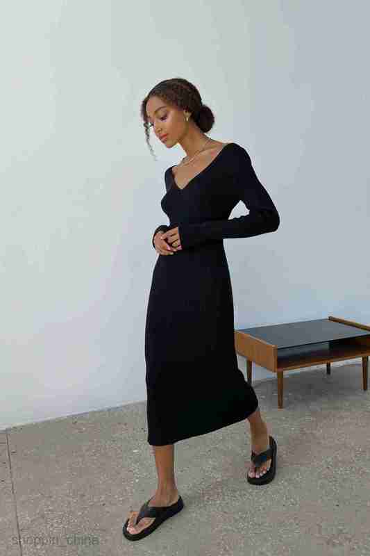Basic Casual Women Dresses Women's clothing autumn new sexy long sleeve long slit strap open back sweater dress