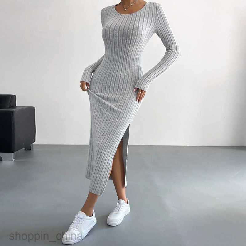 Basic Casual Women Dresses New Long sleeved Round Neck Split Knitted Long Dress PG2469