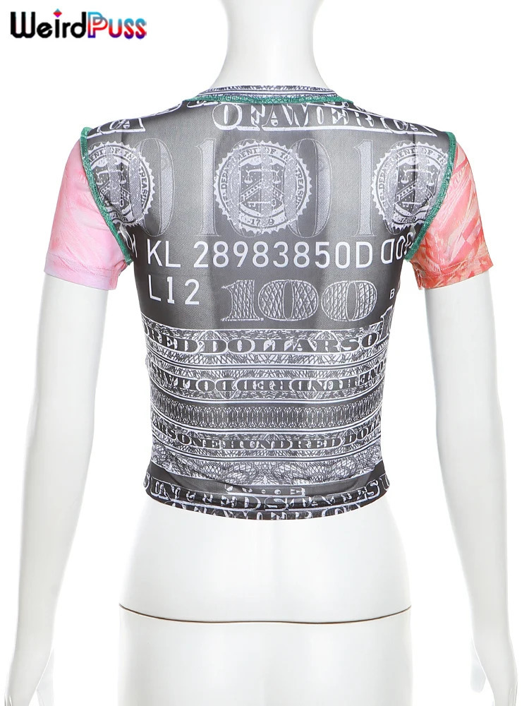 Weird Puss See Through Crop Tops Women Numeral Print Short Sleeve ONeck Sexy Club Patchwork Streetwear Skinny Girls Tees 240601