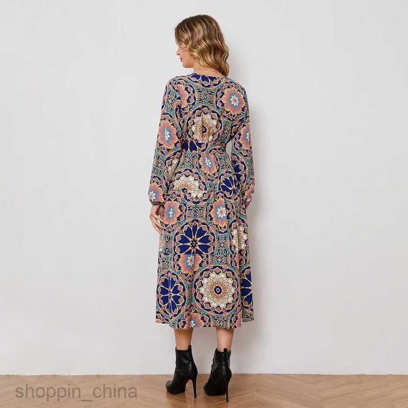 Basic Casual Women Dresses New Abstract Holiday Print Tie Waist Long sleeved Dress JR2500