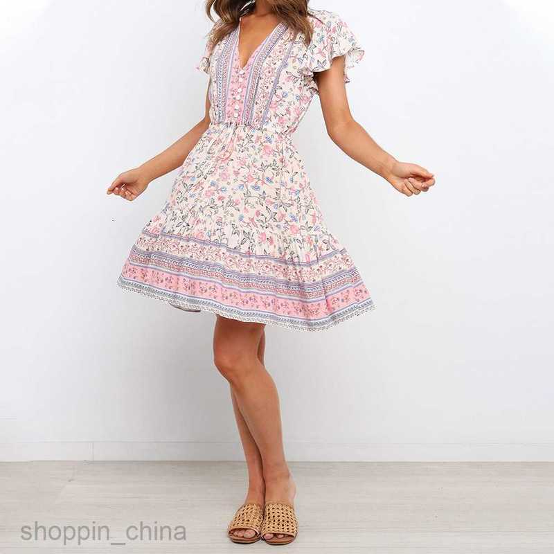 Basic Casual Women Dresses Summer Women's Fashion V-neck Short sleeved Positioned Printed Lace up Cotton Dress JR1266