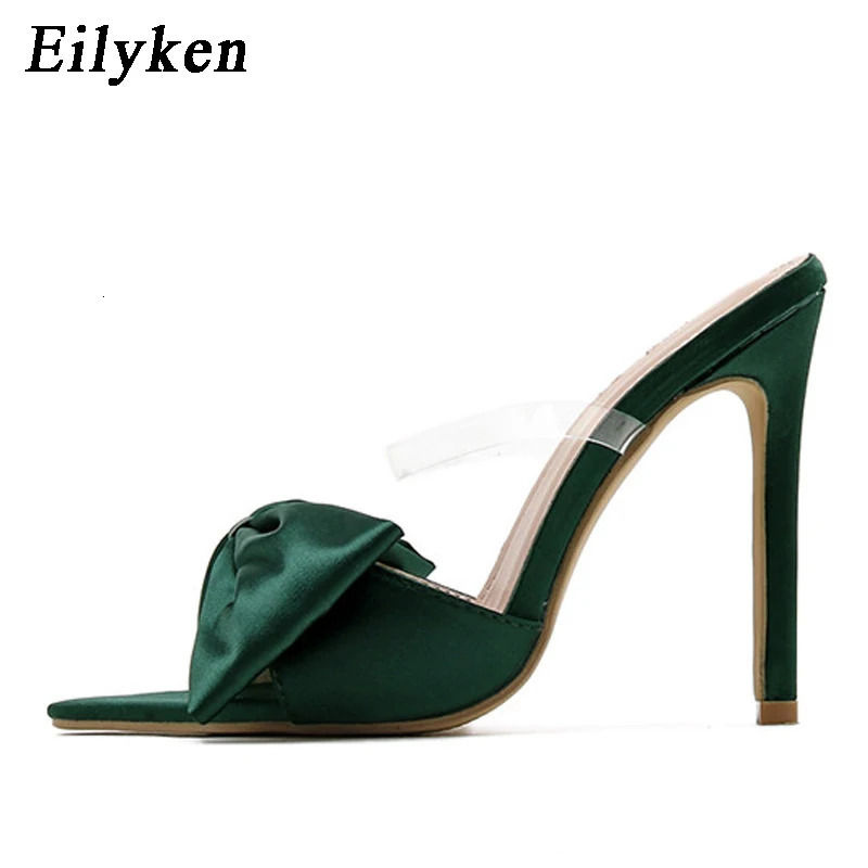 Eilyken Silk Butterfly-knot Slippers Mule High Heels Women Sandals Flip Flops Pointed toe Strappy Slides Party Shoes 240615
