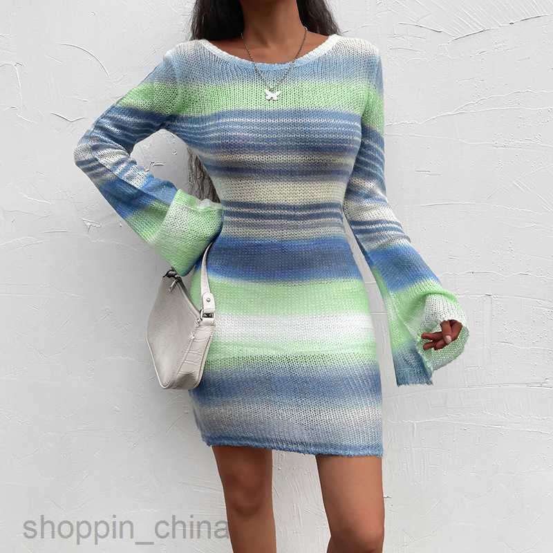 Basic Casual Women Dresses New women's sexy backless trumpet Sleeve Striped Sweater Dress autumn