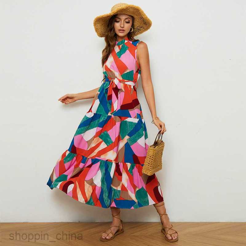 Basic Casual Women Dresses Women's summer collar print A-line Bohemian vacation style sleeveless dress for women JR2286