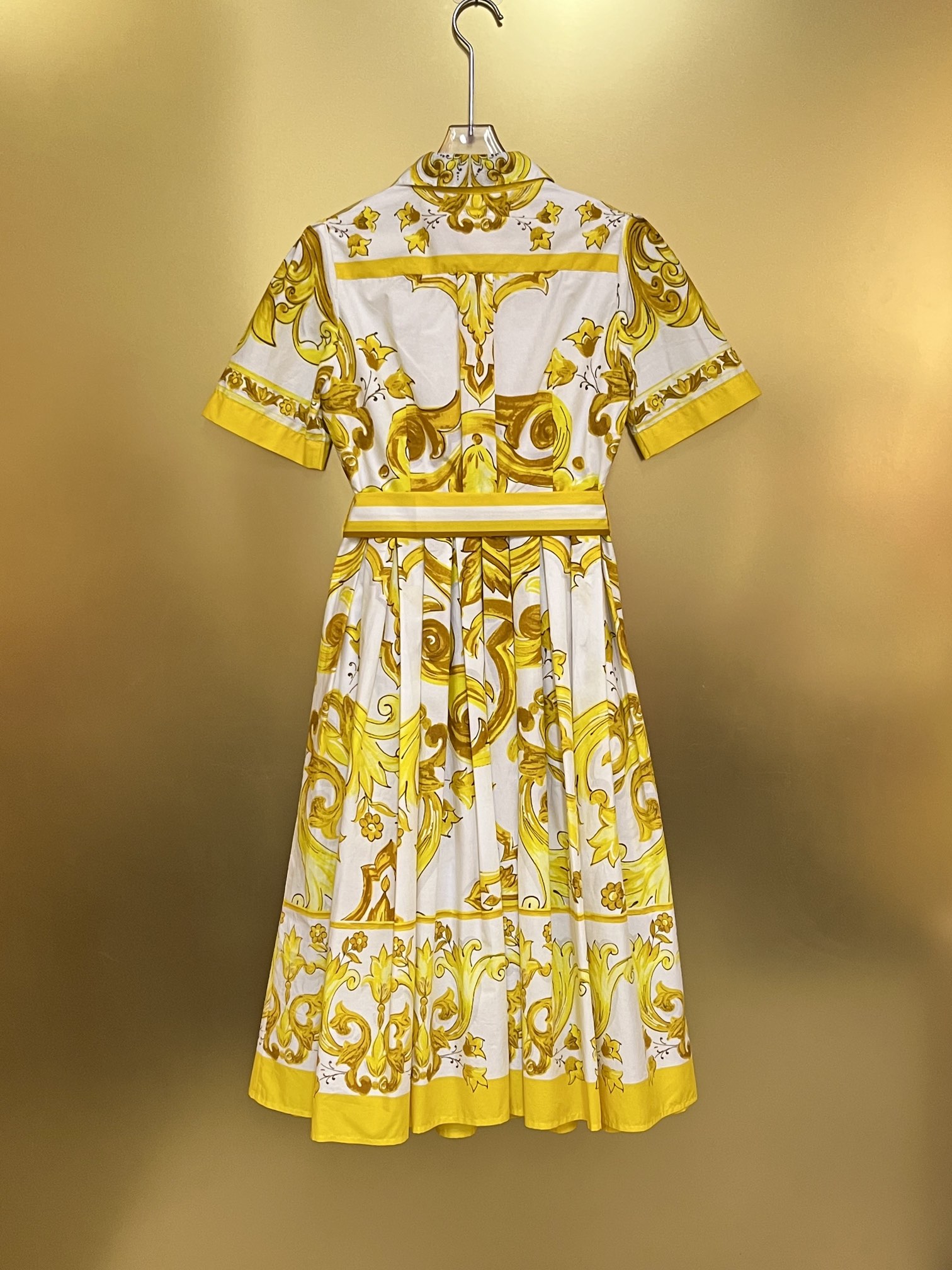 European Designer Designs 2024 New Yellow Porcelain Cotton Cloth Waist Wrap Custom Button Shirt Dress