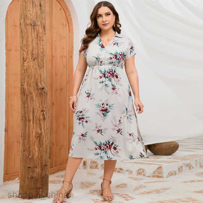 Basic Casual Women Dresses Large size women's summer new shirt collar short sleeved side slit dress JR5051