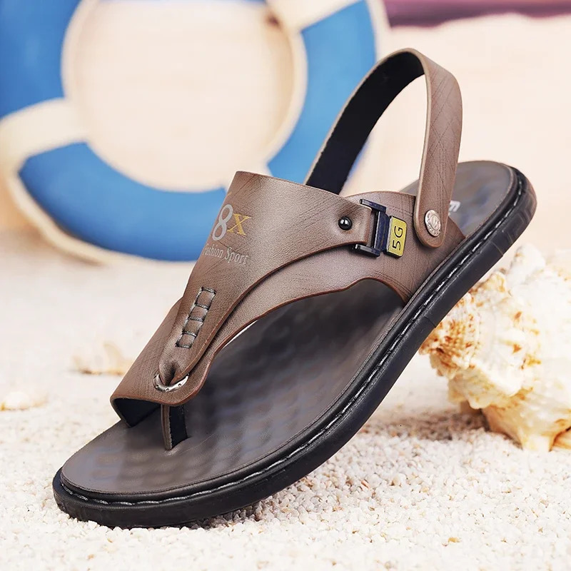 2024 Mens Genuine Split Leather Beach Sandals Casual Shoes Flip Sports Shoes Summer Sandals Platform 240615