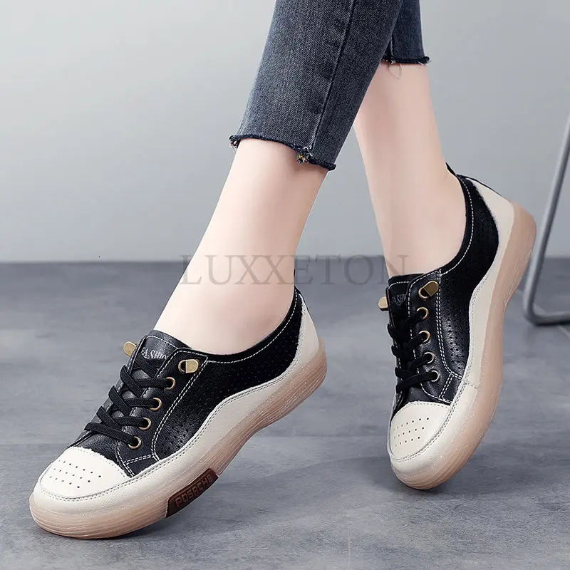 Women Flat Shoes Summer Breathable Cutout Casual Shoes Ladies Soft Bottom Genuine Leather Flats White Shoes Woman 240619