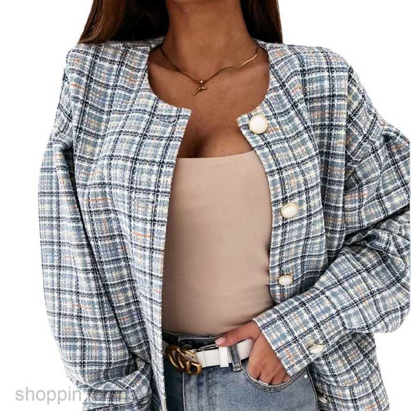 Women Jackets Coats New Spring and Autumn checkered long sleeved short jacket for women PG0603