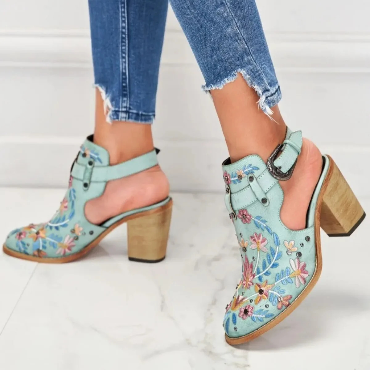 BKQU 2024 Womens Embroidered and Studded Short High Heels Elastic Back Artificial Leather Ankle Boots 240614