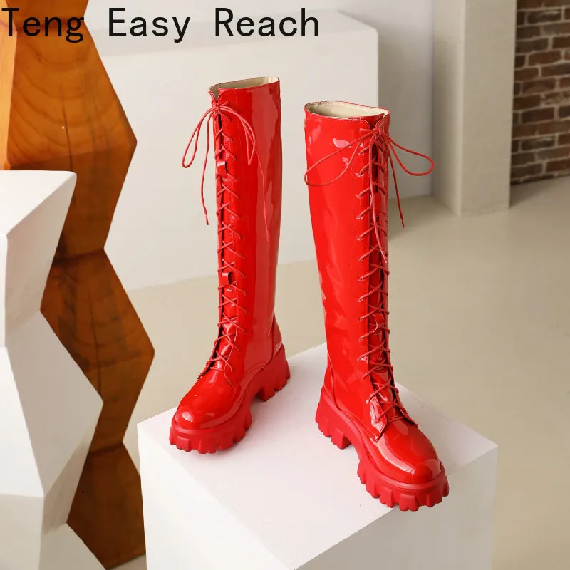 Womens thick soled motorcycle boots womens knee high boots autumn and winter patented womens lace up casual boots red size 35-43 240614