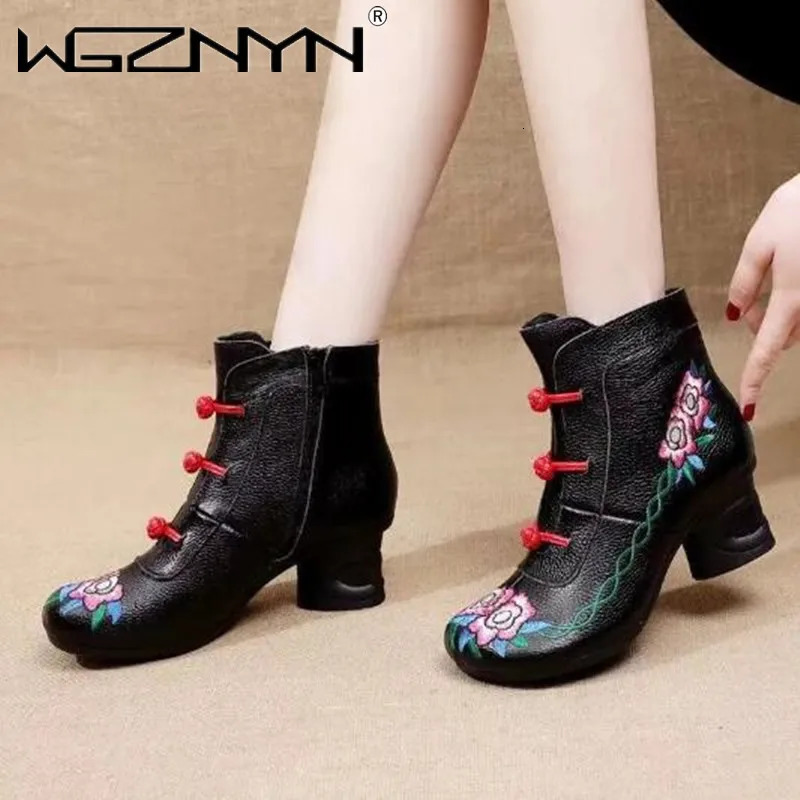 Flower ankle womens boots autumn and winter genuine leather womens boots retro handmade comfortable shoes high heels Botas Mujer 240614