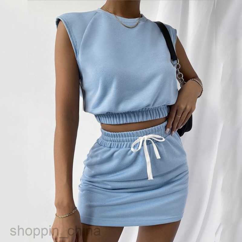 Two Piece Dress Sets New Skirt Set Casual Fashion Round Neck Short Sleeve Top Drawstring Half Skirt Set