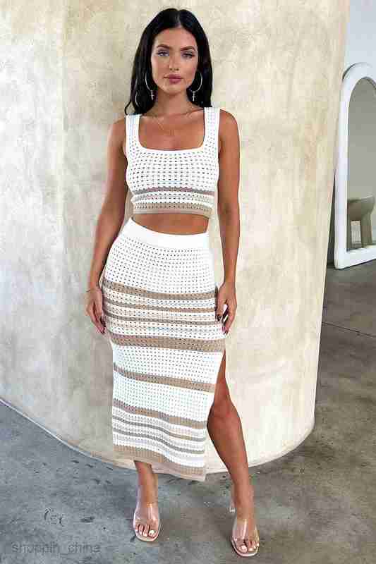 Two Piece Dress Sets Women's Summer New Sleeveless Tank Top Sexy Split Stripe Skirt Knitted Set