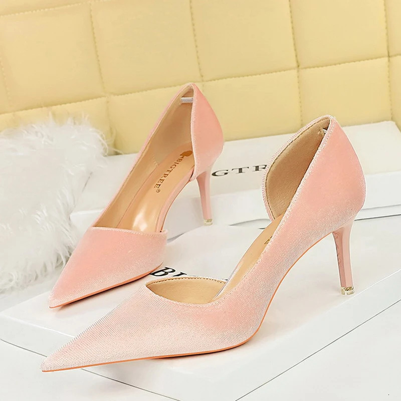 2024 Arrivals Women 11cm Thin Heels Corduroy Pumps Lady Wedding Bridal Heels Side Hollowing Shoes 240615