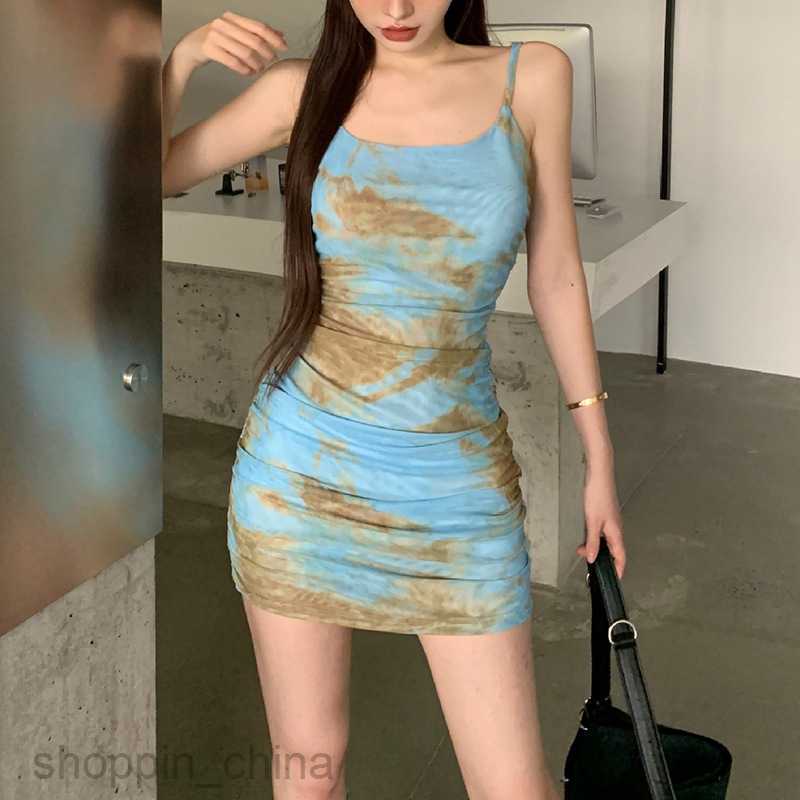 Basic Casual Women Dresses Summer Tie Dye Printed Sexy Folded Sling Sleeveless Dress PG3086