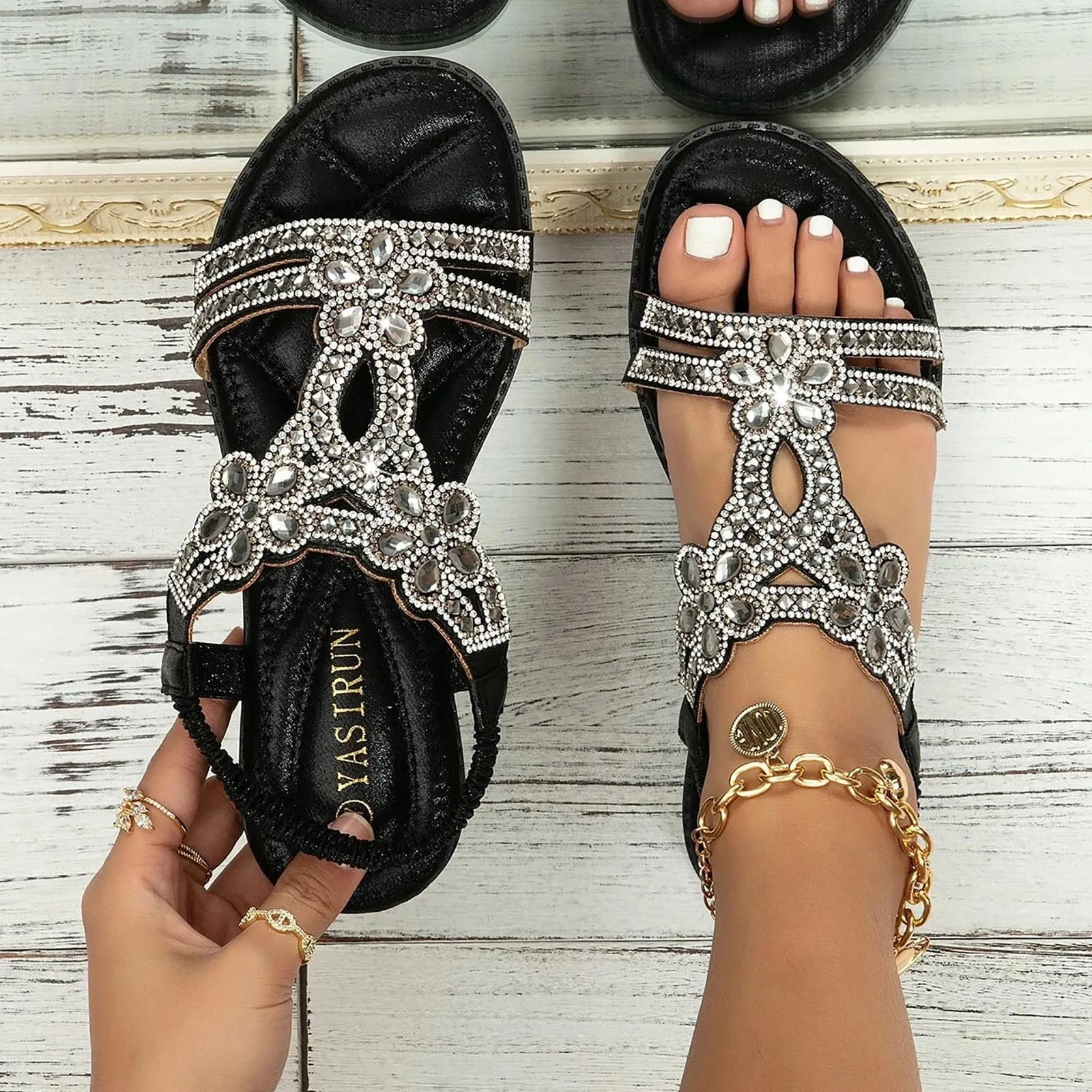 Womens rhinestone flower sandals open shoelaces elastic shoulder straps wedge-shaped womens shoes fashionable and sexy beach party sandals 240615