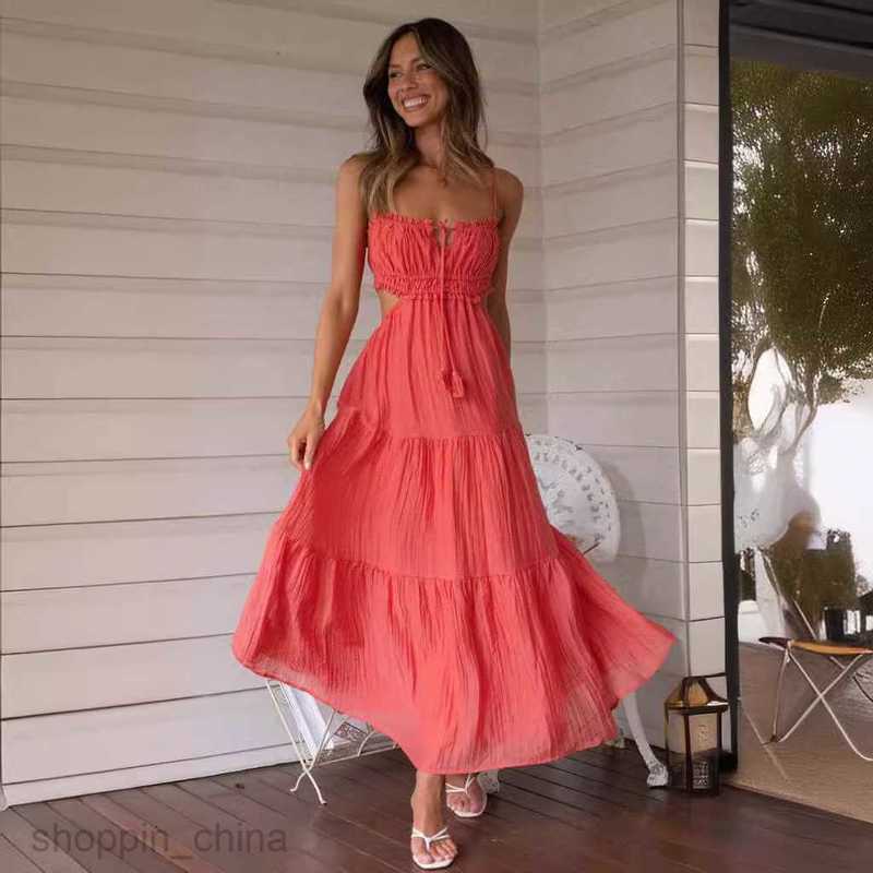 Basic Casual Women Dresses Summer new women's fashion temperament suspender sexy hollow out long skirt backless patchwork large hem dress