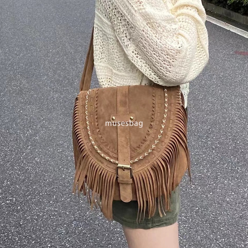 New high-end soft leather large capacity handmade suede tassel bag for women's saddle bag large capacity single shoulder crossbody bag