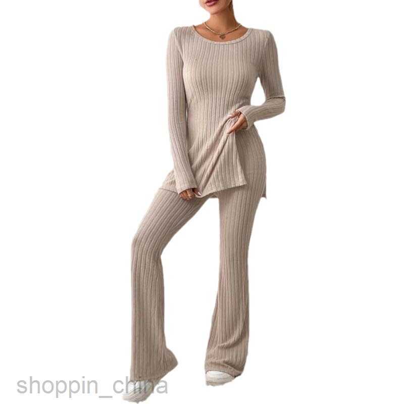 Women's Tracksuits Knitted Pit Stripe Two Piece Set Top Flare Pants Split Hem Tee&Flare Leg Pants Sets