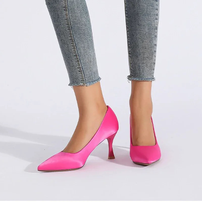 2024 Women 7.5cm High Heels Prom Pumps Lady Sexy Satin Nightclub High Heels Female Fashion Concise Pointed Toe Shallow Shoes 240615