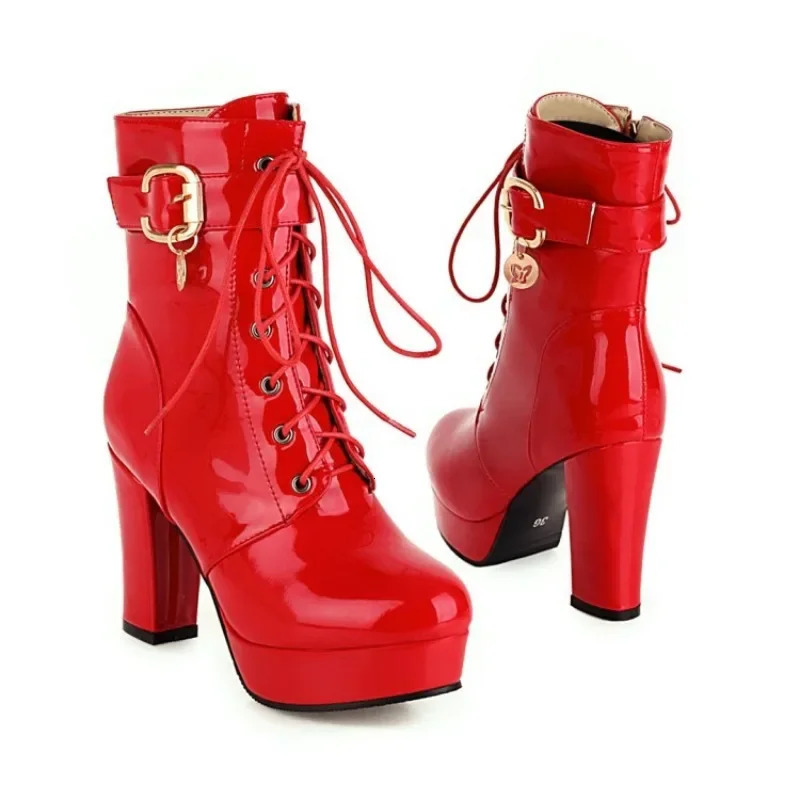 Lace Womens Ankle Boots Size 33-48 Platform Fashion Short Boots UK Fall/Winter 2024 Belt Buckle Thick Boots Womens Boots 240614