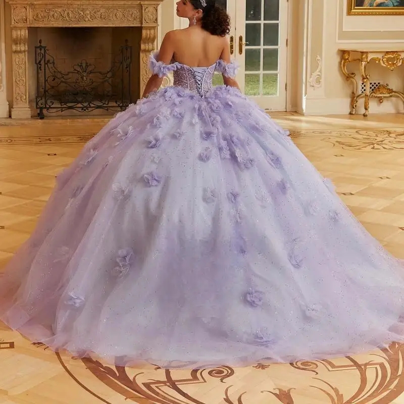 Lilac Shiny Princess Ball Gowns Quinceanera Dress Sweetheart Off the Shoulder Flower Beads Crystal Tull Sweet 16 Vestidos De 15 Anos