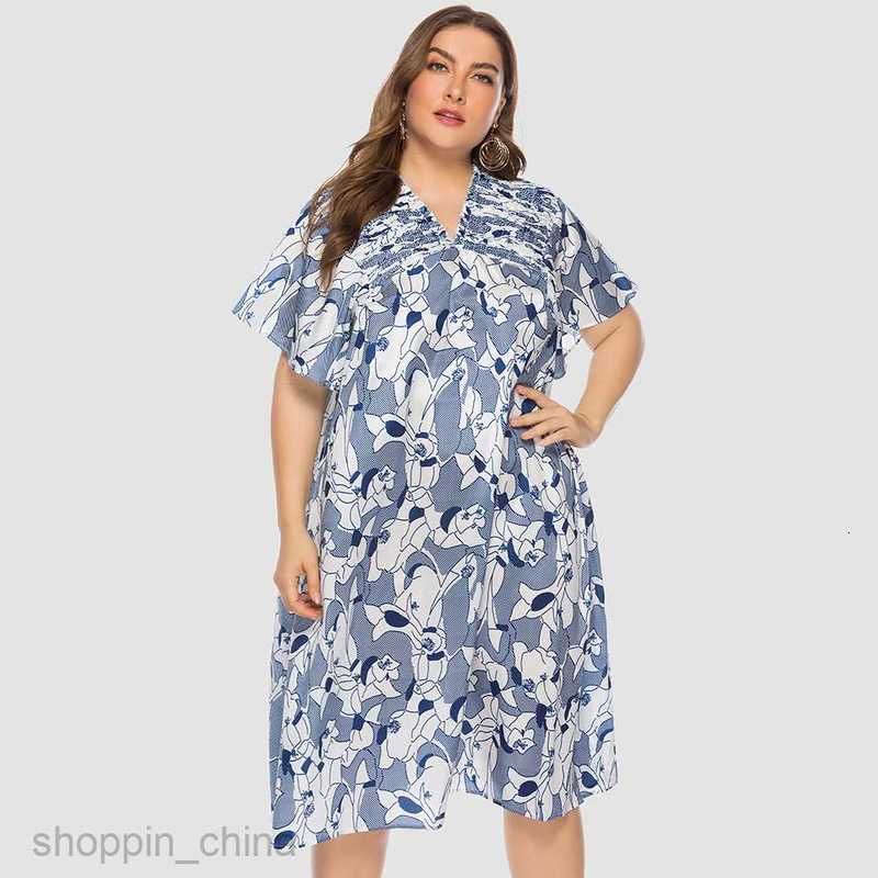Basic Casual Women Dresses Short sleeved chubby MM printed V-neck, waistband tied, shoulder two piece short sleeved dress JR2210