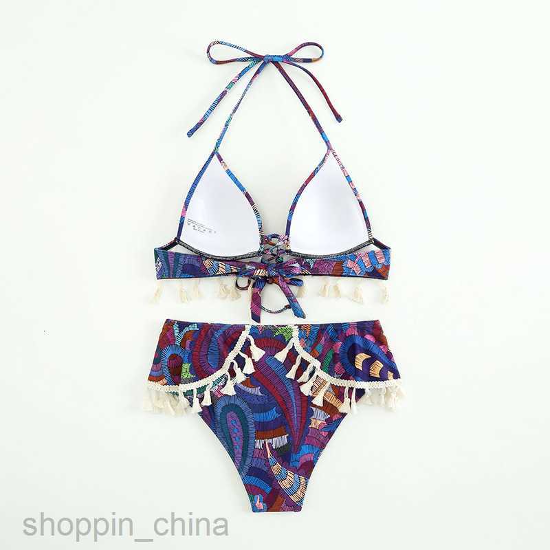 Women's Sexy Swimwear New Printed Style Hanging Neck Strap Tassel Bikini female Swimwear Fashion Swimwear
