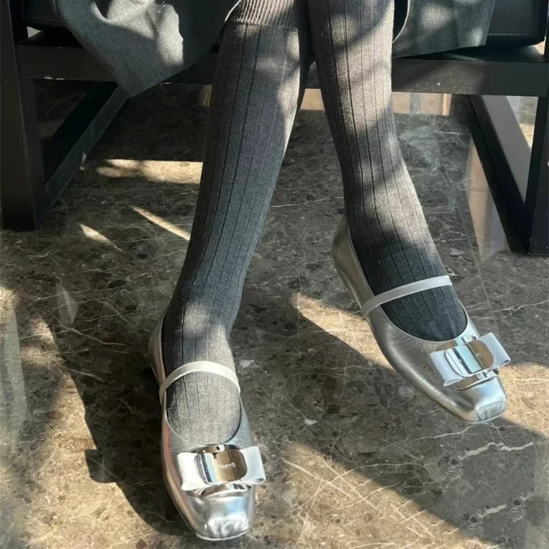Silver Ballet Shoes Womens French Square Headed Shallow Mouth Flat Bottom Straight Line with Mary Jane Single 240614