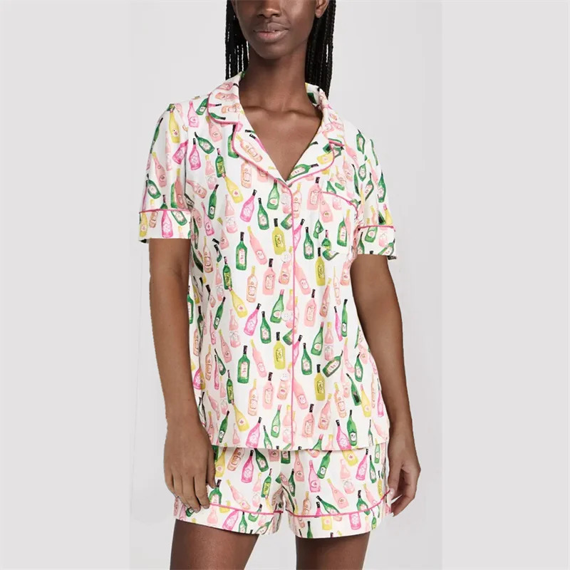 Wine Bottle Pajamas y2k Clothes Women Lapel Neck Single Breasted Short Sleeve Shirt Top and Shorts 2000s Loungewear Sleepwear 240601