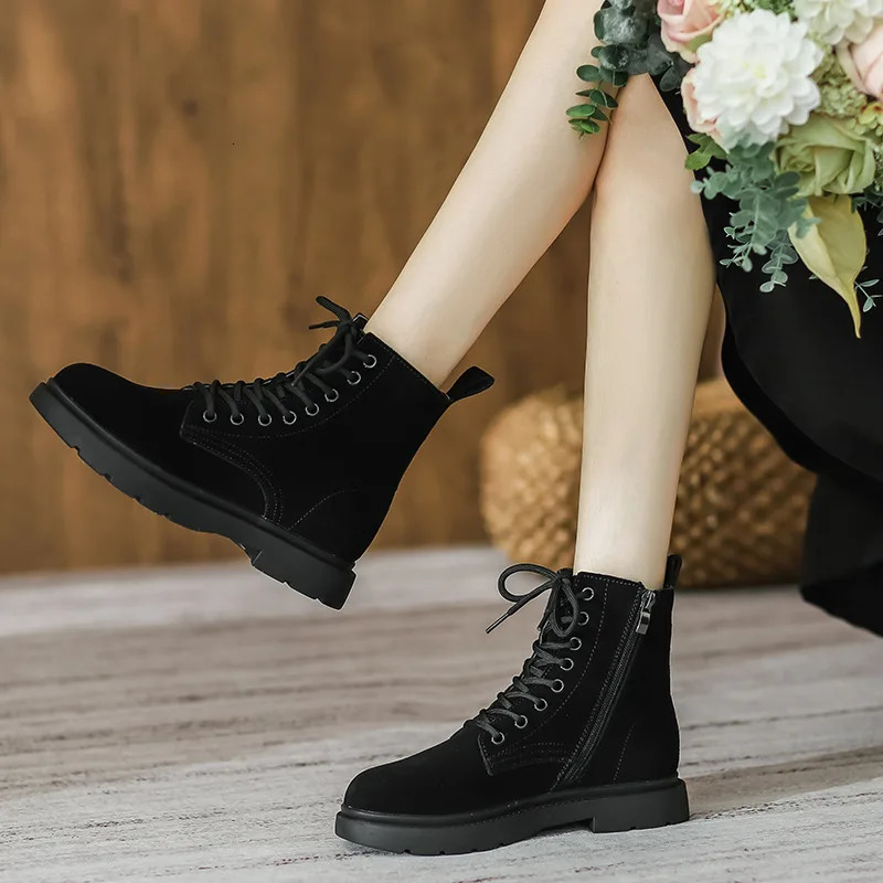 Womens Ankle Cow suede English lace square heel circular toe fur snow boots AD2873 240614