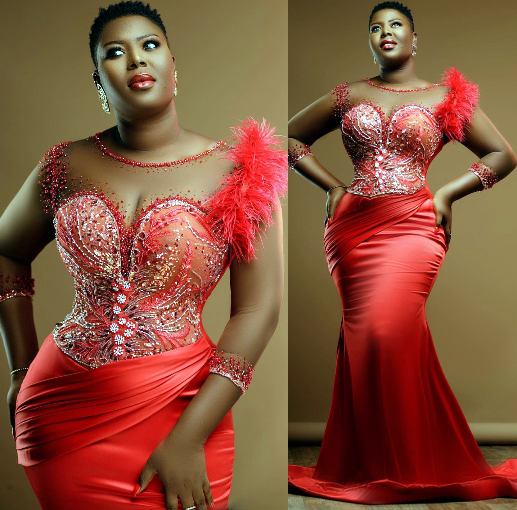 2024 Plus Size Red Mermaid Prom Dresses For Special Ocn Beaded Lace Satin Evening Formal Party Second Reception Birthday Engagement Gowns Dress ZJ65