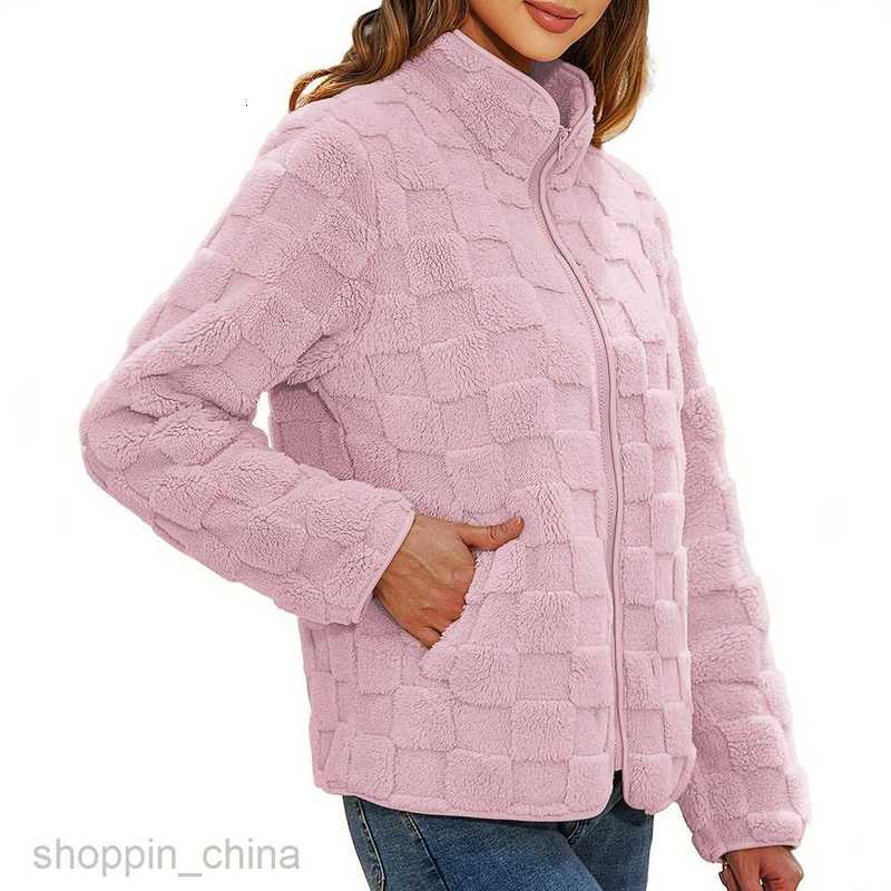 Women Jackets Coats Spring and Autumn New Zipper Loose Solid Color Pocket Checkered Long Sleeve Plush Coat PG2351