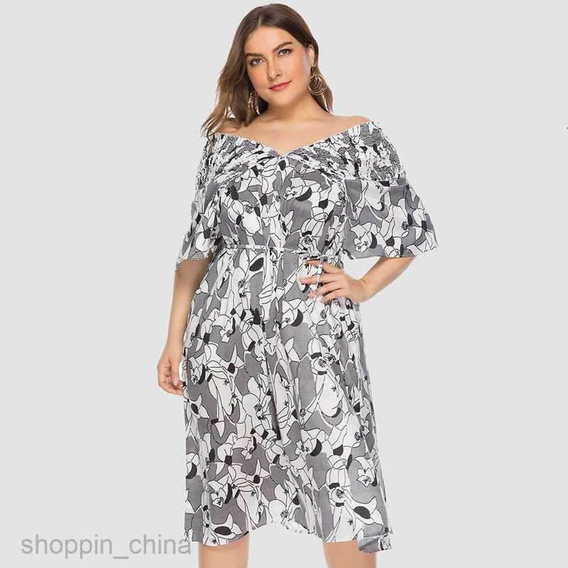Basic Casual Women Dresses Short sleeved chubby MM printed V-neck, waistband tied, shoulder two piece short sleeved dress JR2210