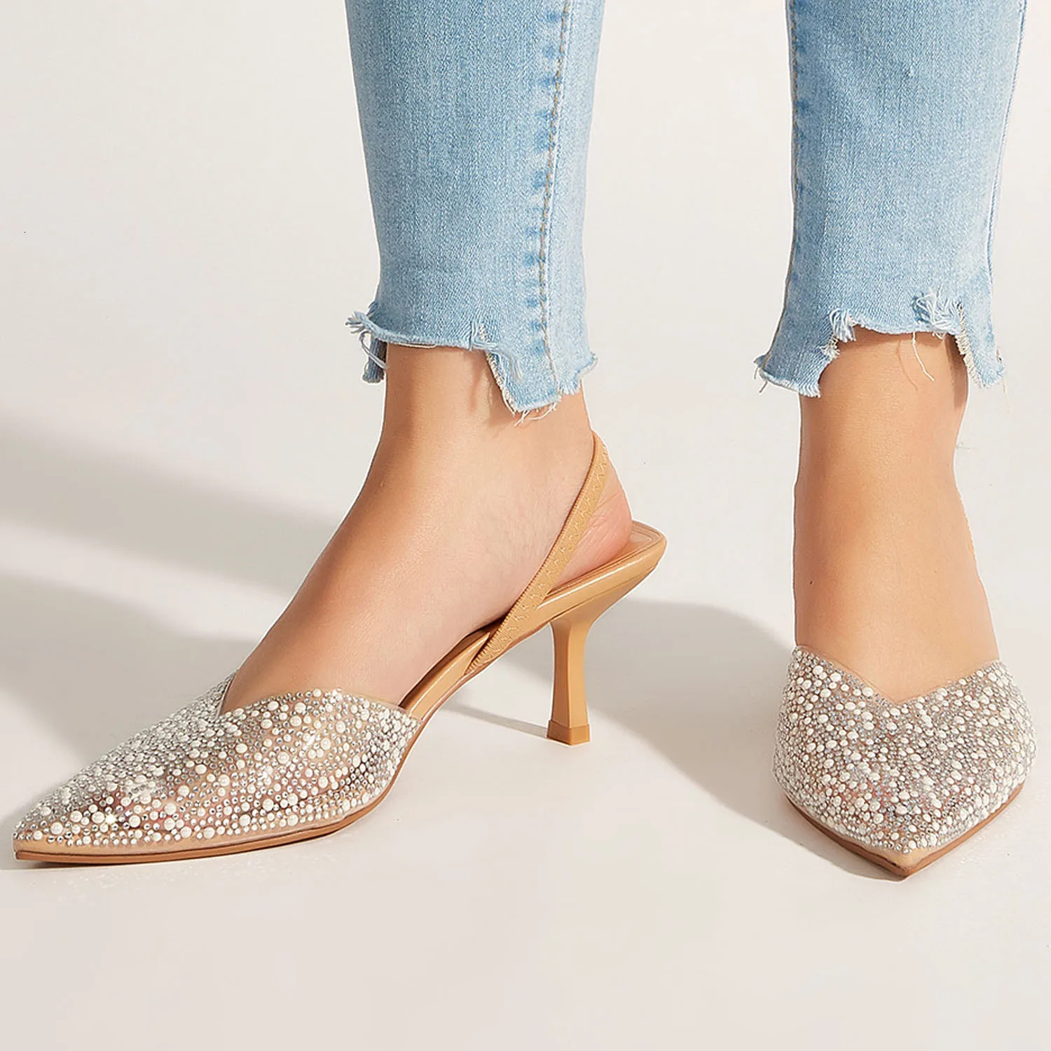 Glamorous Womens Heeled Sandals Translucent Faux Pearls Decor Sgback Stiletto Comfy Lightweight Prom Heels Summer 240615
