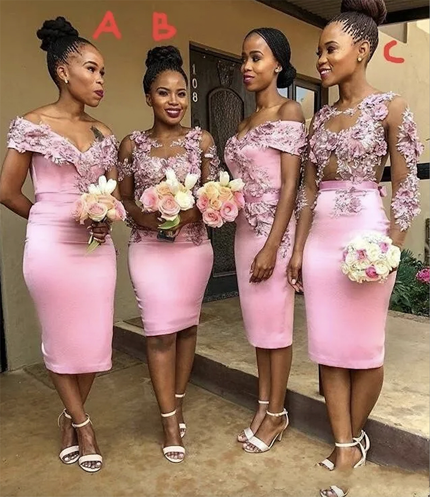 Pink African Bridesmaid Dresses Sexy Sheath Off Shoulder Knee Length Flowers Prom Evening Gown Formal Party Wedding Guest Wear