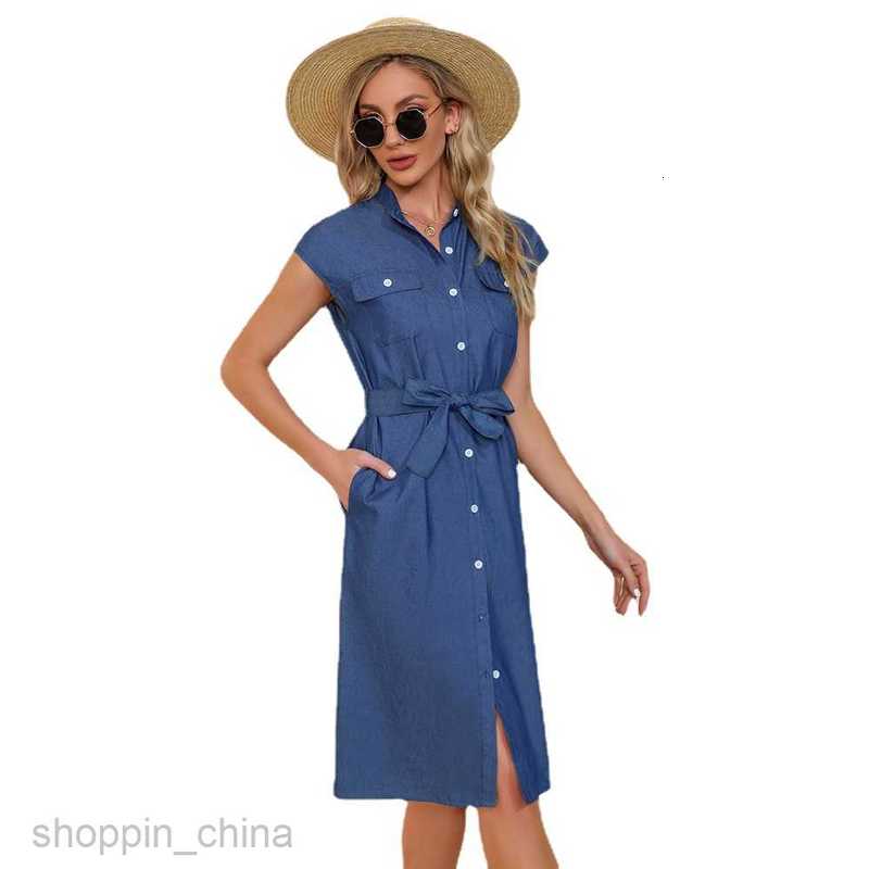 Basic Casual Women Dresses Summer Women's Stand up Neck Minimalist Style Slim Tie up Denim Sleeveless Dress JR60003
