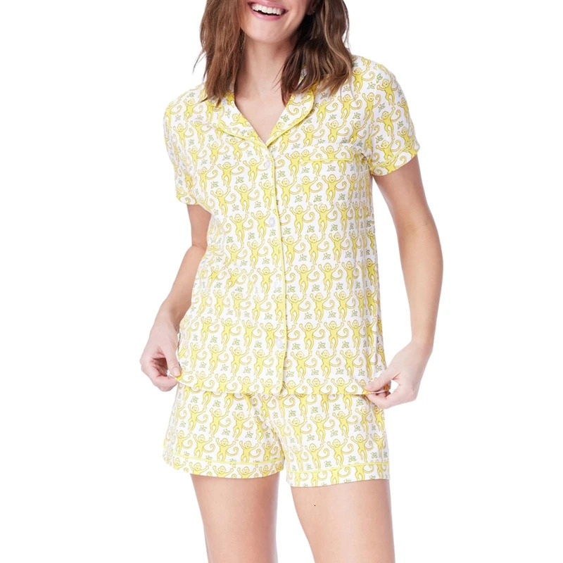 2025Rainbow Monkey Print Comfy Lounge Pama Y2K Vintage Short Sleeve Blouse Shirt Top Shorts 2 Piece Set Outfits Women Sleepwear